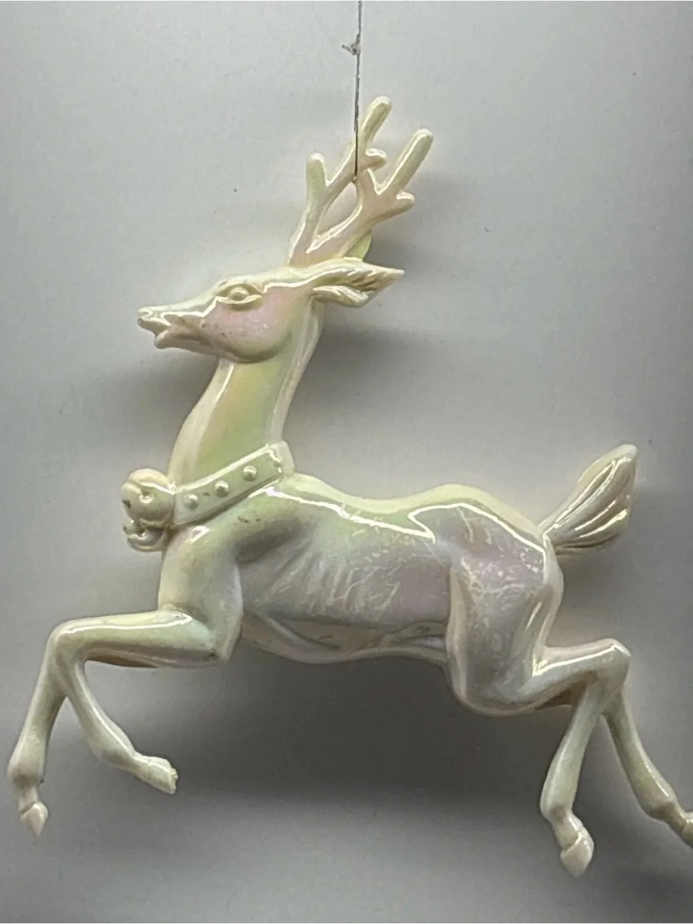 Vintage Plastic White Iridescent‎ Reindeer Deer Christmas Ornament 4.5”